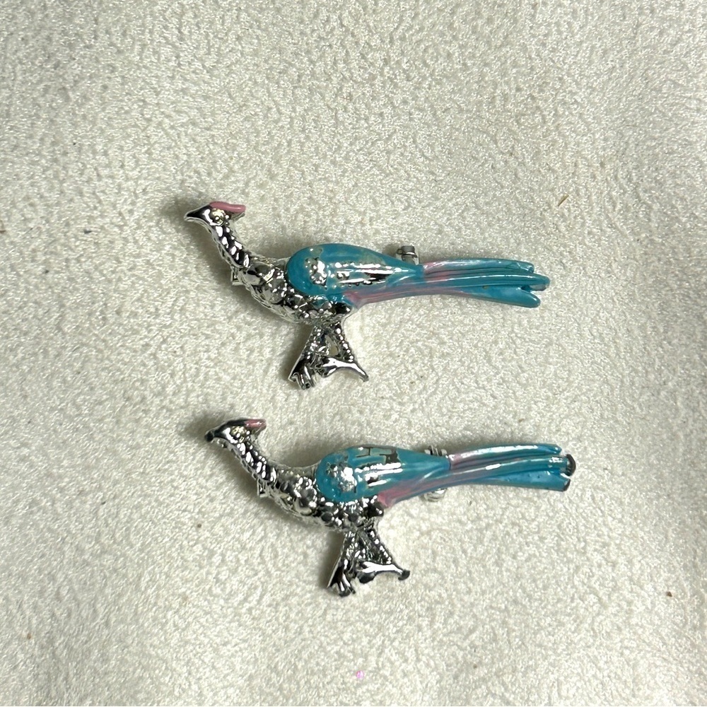 Vintage Roadrunner Brooch Pins Set of 2 Silver Blue Pink Southwest 1.5"